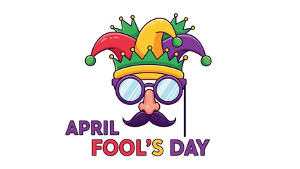 A whimsical illustration of a jester's hat and oversized glasses with a mustache and nose, celebrating April Fool's Day.