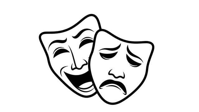 A black and white illustration of two theatrical masks, one depicting joy and the other sorrow, symbolizing the duality of human emotions and the performing arts.
