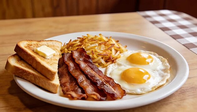 Classic breakfast plate with fried eggs, crispy bacon, toast, and hash browns, hearty morning meal., eggs.