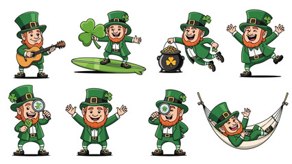 Fototapeta premium Collection of Cartoon Leprechauns in Various Poses for St. Patrick's Day Celebration and Irish