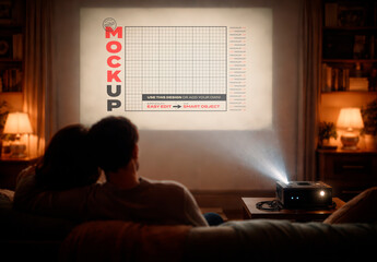 Couple Cuddling on Sofa Watching Movie Screen Projector on Living Room Mockup