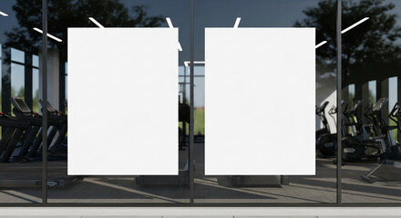 Two blank white posters displayed on a glass storefront, showcasing a gym interior.  Ideal for advertisement mockup or gym branding