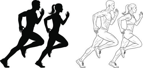 Detailed vector illustrations of male and female runners in sprinting poses featuring both black silhouettes and line art for fitness and athletic concepts © Galib