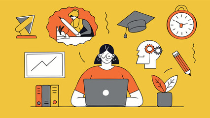 Woman using laptop with education icons around her