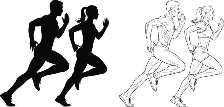 Detailed vector illustrations of male and female runners in sprinting poses featuring both black silhouettes and line art for fitness and athletic concepts