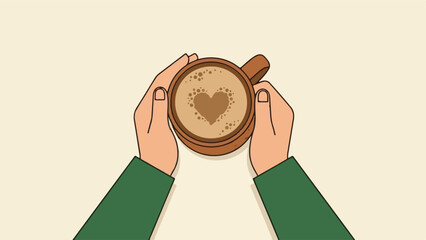Hands holding a coffee cup with heart-shaped latte art, top view