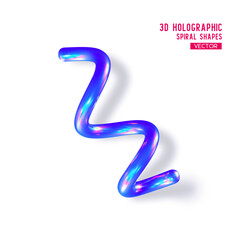 Naklejka premium 3d holographic abstract spiral shape. Glossy geometric blue primitive with shadow on white background. Iridescent trendy design, thin film effect. Vector.