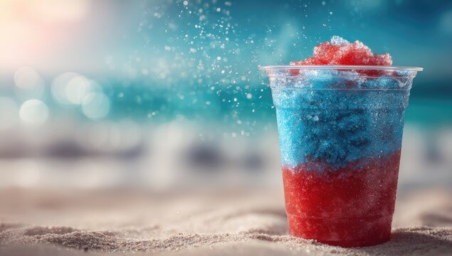 A refreshing red and blue frozen slush drink in a clear plastic cup on sandy beach