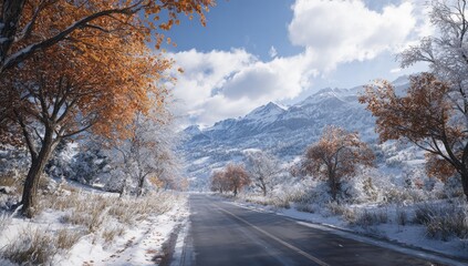 Obraz premium Wintry scene with snowy mountains, road, and trees with fall foliage