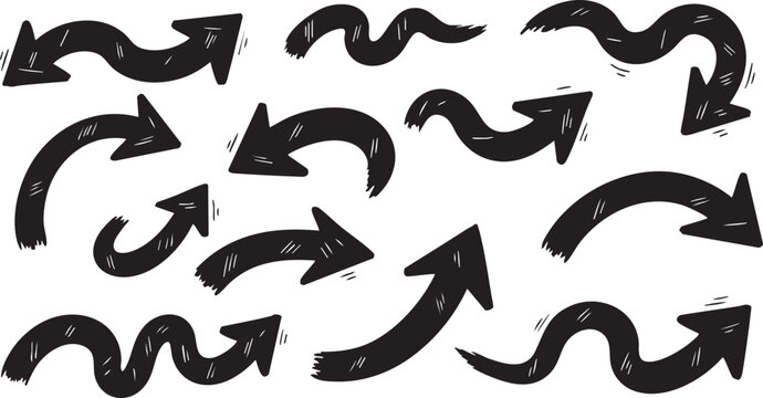 Collection of various black arrows pointing in different directions on a white background