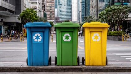 Naklejka premium Three colorful recycling bins on a city sidewalk, with buildings and a crosswalk in the background