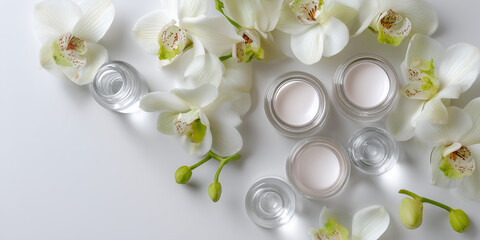 Natural skincare products with white orchids on white background