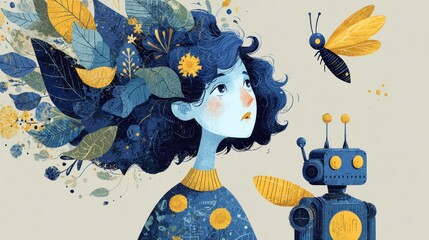 Dreamy illustration girl with floral hair, robot, and a butterfly