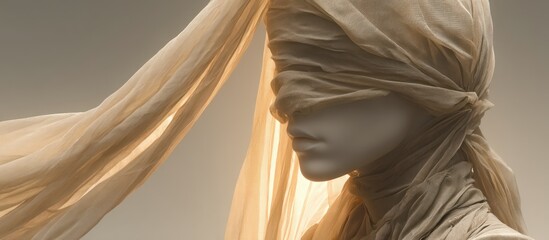 Face obscured by flowing fabric; draped and illuminated with soft light