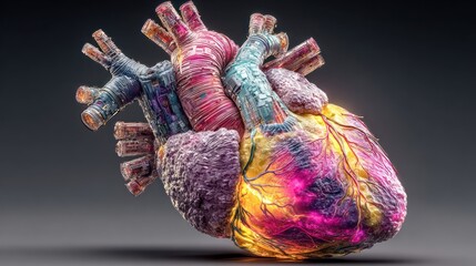 A Colorful, Abstract Representation of a Human Heart, Depicting Internal Structures and a Blend of Organic and Mechanical Elements
