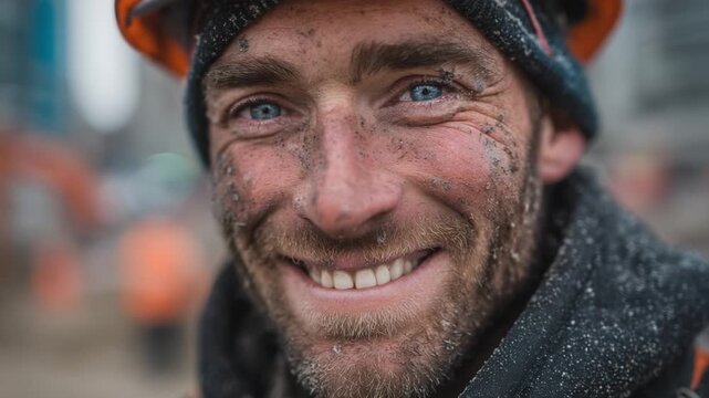 A hardworking construction worker displays a genuine smile, showcasing determination and resilience amidst the dusty surroundings of the construction site.