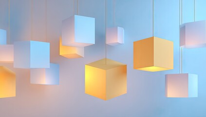 Modern abstract art with suspended geometric cube shapes, various colors, and light