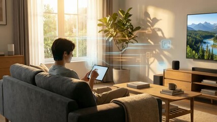 Young man sitting on a sofa in a modern living room using a digital tablet to control his smart home system with a futuristic holographic interface showing icons for various devices - Powered by Adobe