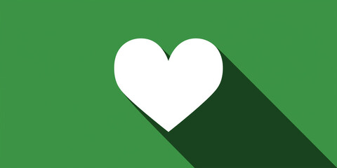 White heart icon representing love, health, or st. Patrick's day with a modern flat design and long shadow copy space banner
