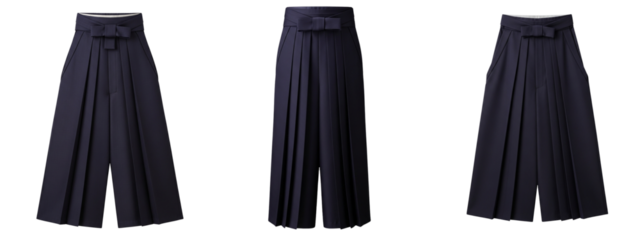 Blue pleated hakama-style pants. They appear to be Japanese-inspired clothing.