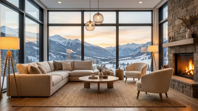 Modern and luxurious living room interior featuring a cozy fireplace. Comfortable sofa. And large panoramic windows with a breathtaking view of the snowy mountain landscape during a beautiful sunset