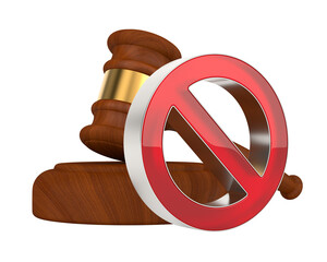 Judge and stop sign gavel on white background. Isolated 3D illustration