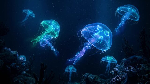 Numerous glowing jellyfish with vibrant blue, purple, and green bioluminescence gracefully swimming in the dark, deep ocean waters, illuminating the beautiful and mysterious marine world
