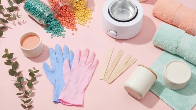 Flat lay composition with epilation and depilation waxing products on a pink background. Colorful hard wax beans, wax warmer, wooden spatulas, and towels for a beauty salon procedure