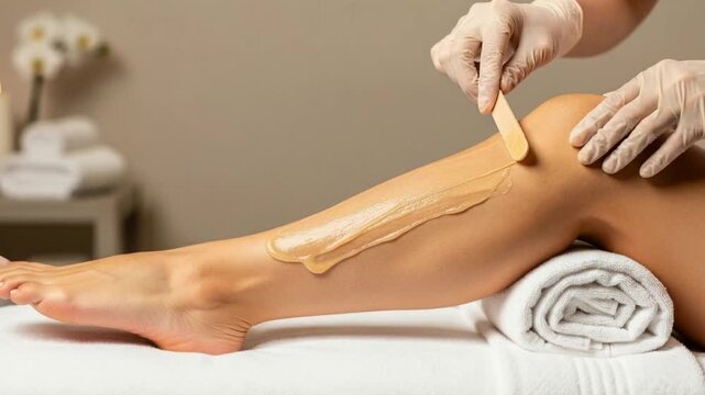 Professional beautician applying warm wax paste on a client's leg with a wooden spatula before epilation. Smooth skin care and depilation procedure in a beauty salon or modern spa center