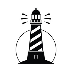 Lighthouse silhouette vector, Underwater ocean icon, Nautical symbols theme design
