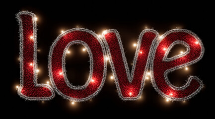 Illuminated LOVE marquee letters made of red rope with light bulbs on dark background, romantic Valentine’s Day illustration