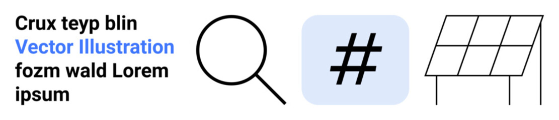 Fototapeta premium Magnifying glass, metadata tag in blue square, solar panel icon. Ideal for innovation, technology, energy, sustainability, research social media education. Clean simple landing page