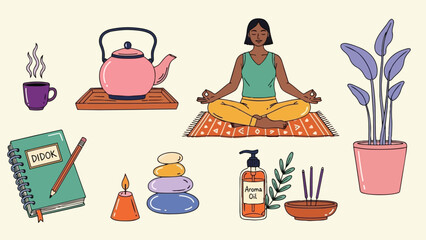 Calm woman meditating on orange patterned mat with green top and yellow pants surrounded by wellness items and indoor plant