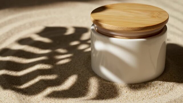 Long, defined shadow of a stylized leaf slowly sweeping across a white cream jar and the textured, light brown sand surface in soft natural light product, soft, cream