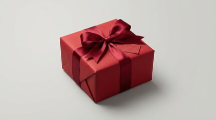 Fototapeta premium Red gift box wrapped in glossy paper with a satin ribbon and tag, placed on a neutral background, symbolizing celebration and special occasions with copy space