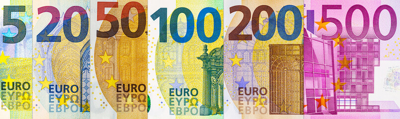 Euro banknotes of various denominations. Money of the European Union and Europe.
