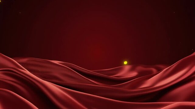 A display with a red satin fabric background and a small yellow object on display for valentines.