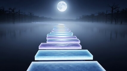 Illuminated Staircase Leading to Full Moon Over Calm Lake at Night