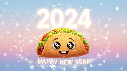Naklejka premium A cheerful taco with lettuce, tomato, and a smile celebrates Happy New Year 2024 with snowflakes.