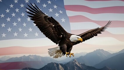 Majestic Bald Eagle in Flight with American Flag and Mountain Landscape