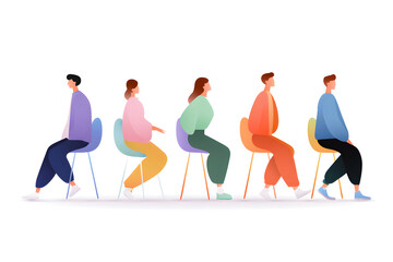 Fototapeta premium Harmonious Human Connection: Five individuals, each absorbed in thought, are seated side-by-side, subtly interacting through the shared moment, promoting togetherness and inclusivity. 