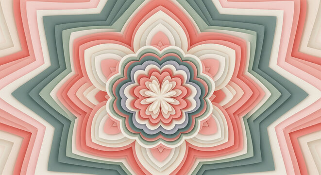 Des motifs abstraits sym&eacute;triques qui ressemblent &agrave; des fleurs superpos&eacute;es ou &agrave; des mandalas.