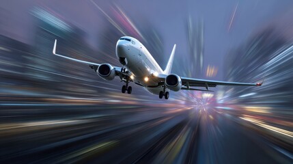 Airplane flying through city lights motion blur