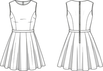 Technical flat sketch of sleeveless skater dress front and back view, fashion template for apparel design, pleated fit flare dress.