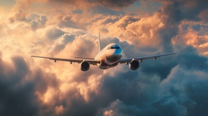Airplane flying through dramatic sunset clouds