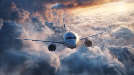 Airplane flying through dramatic sunset clouds