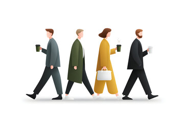 Commuting with Coffee: A diverse group of figures strides forward, each engrossed in their morning journey, coffee in hand, navigating the daily commute.