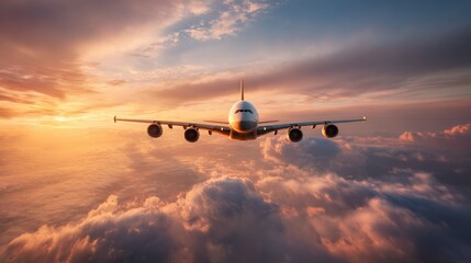 Commercial jetliner flying through dramatic sunset clouds