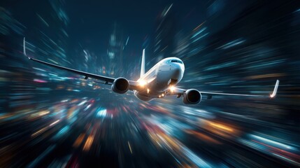 Commercial jet flying through streaking lights