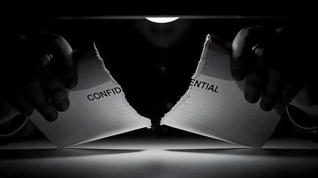 Intense moment of hands ripping a confidential document, representing a critical security breach, exposure of sensitive data, or the dramatic unveiling of hidden information
